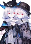  2girls absurdres arknights artist_name black_gloves black_headwear commentary gloves grey_scarf highres multiple_girls scarf shared_scarf sheya signature silver_hair simple_background skadi_(arknights) specter_(arknights) specter_(undercurrent)_(arknights) symbol-only_commentary upper_body white_background white_scarf yuri 