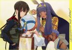  1boy 2girls animal_ears anniversary backpack bag black_hair brown_hair dark-skinned_female dark_skin earrings fate/grand_order fate_(series) hairband hands_together hat hood hoodie hoop_earrings jewelry kibadori_rue long_hair multiple_girls nitocris_(fate) oda_nobukatsu_(fate) purple_hair scroll sketchbook spoken_expression van_gogh_(fate) 