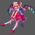  1girl :d ascot bangs blonde_hair bow crystal dress eyebrows_visible_through_hair flandre_scarlet footwear_bow frilled_dress frills full_body grey_background hat high_heels holding laevatein looking_at_viewer lowres mob_cap one_side_up open_mouth pixel_art potemki11 puffy_short_sleeves puffy_sleeves rainbow_order red_bow red_eyes red_skirt red_vest shirt short_hair short_sleeves simple_background skirt smile socks solo touhou vest white_headwear white_legwear white_shirt wings yellow_neckwear 