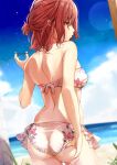  1girl ass back bangs bare_arms bare_shoulders beach bikini blue_sky blurry blurry_background breasts closed_mouth commentary_request cowboy_shot day eyebrows_visible_through_hair floral_print from_behind hair_tie hand_under_clothes hand_up highres higuchi_madoka holding idolmaster idolmaster_shiny_colors looking_away medium_hair nira_(vira) outdoors print_bikini red_eyes red_hair sky solo standing strapless strapless_bikini swimsuit wet white_bikini 