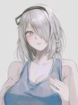  1girl bare_shoulders blue_eyes blush braid breasts cleavage copyright_request grey_background grey_hair hair_over_one_eye hands_up head_tilt highres huge_breasts looking_at_viewer medium_hair noccu one_eye_covered parted_lips side_braid simple_background solo upper_body 