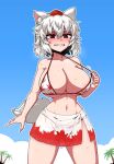  1girl alternate_costume animal_ears areola_slip areolae bikini breasts commentary_request formicid highres inubashiri_momiji korean_commentary large_breasts red_eyes short_hair solo swimsuit tagme tail touhou white_hair wolf_ears wolf_tail 