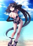  1girl architect_(girls&#039;_frontline) architect_(type_nvw)_(girls&#039;_frontline) bangs belt black_hair black_swimsuit blue_sky breasts casual_one-piece_swimsuit cloud cloudy_sky collarbone elbow_gloves girls&#039;_frontline gloves grin hand_on_hip highres long_hair looking_at_viewer medium_breasts mishima_hiroji navel one-piece_swimsuit one_eye_closed partially_fingerless_gloves pink_eyes pink_nails side_ponytail sky smile solo standing swimsuit very_long_hair w 
