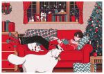  1boy black_hair black_pants book cat christmas christmas_tree clock curtains dog gingerbread_man hat kk724 long_sleeves lying maneki-neko on_back original pants pillow print_sweater red_sweater santa_hat short_hair signature snowman socks solo sweater white_cat white_dog wide_shot window wreath 