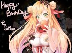  1girl alternate_costume bangs black_flower blonde_hair blush box breasts character_name cleavage colored_inner_hair double_bun dress eyebrows_visible_through_hair flower green_eyes hair_flower hair_ornament happy_birthday heart-shaped_box korean_commentary looking_at_viewer medium_breasts moi_(latte_art) multicolored_hair nijisanji nijisanji_kr pink_hair seffyna smile solo upper_body virtual_youtuber white_dress 