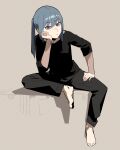  1girl barefoot black_pants black_shirt blue_hair closed_mouth eyebrows_visible_through_hair full_body gogalking hand_on_thigh head_rest highres looking_at_viewer original pants ponytail purple_eyes shirt simple_background sitting solo 
