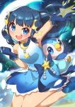  1girl :d absurdres arm_up bangs blue_dress blue_eyes blue_footwear blue_gloves blue_hair clenched_hand commentary_request crescent crescent_hair_ornament dawn_(pokemon) dress eyebrows_visible_through_hair eyelashes floating_hair gen_4_pokemon gloves gradient_dress hair_ornament highres leg_up looking_at_viewer open_mouth piplup pokemon pokemon_(anime) pokemon_(creature) pokemon_swsh_(anime) shoes sleeveless sleeveless_dress smile taisa_(lovemokunae) tongue upper_teeth 