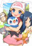 2girls :d absurdres beanie blue_eyes blue_hair blush character_print closed_mouth commentary_request dawn_(pokemon) eyelashes gen_4_pokemon glameow hair_ornament hairclip hand_up hat highres index_finger_raised johanna_(pokemon) legendary_pokemon long_hair looking_at_viewer mesprit mother_and_daughter multiple_girls one_eye_closed open_mouth pink_skirt piplup pokemon pokemon_(anime) pokemon_(creature) pokemon_dppt_(anime) ribbon scarf shirt skirt sleeveless sleeveless_shirt smile starly taisa_(lovemokunae) tongue upper_teeth white_headwear 