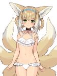  1girl alternate_costume animal_ear_fluff animal_ears arknights bangs bikini blonde_hair blush braid clenched_hands closed_mouth collar commentary cowboy_shot criss-cross_halter earpiece eyebrows eyebrows_visible_through_hair flat_chest fox_ears fox_girl fox_tail frilled_bikini frills green_eyes hair_between_eyes hair_rings hairband halterneck highres infection_monitor_(arknights) legs_together looking_at_viewer medium_hair multicolored_hair multiple_tails navel oripathy_lesion_(arknights) sidelocks sigm@ simple_background smile solo stomach streaked_hair suzuran_(arknights) swimsuit tail twin_braids two-tone_hair white_background white_bikini white_hair 
