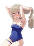  1girl adjusting_hair armpits barbara_(genshin_impact) barbara_(summertime_sparkle)_(genshin_impact) bare_arms bare_shoulders blonde_hair blush breasts choker cleavage covered_navel dudenuo genshin_impact hair_down highres long_hair one-piece_swimsuit open_mouth solo swimsuit thigh_strap 