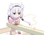  1girl blue_eyes commentary eyebrows_visible_through_hair highres horns kanna_kamui kobayashi-san_chi_no_maidragon namesake pink_hair plane_(tool) pun silver_hair solo ueyama_michirou white_background wood 