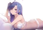  1girl :o absurdres ass azur_lane bangs bare_arms bare_shoulders blue_hair blush bra breasts cleavage commentary eyebrows_visible_through_hair hand_on_own_arm helena_(azur_lane) highres long_hair looking_at_viewer lying medium_breasts on_stomach panties parted_lips pillow purple_eyes schreibe_shura simple_background solo swept_bangs underwear underwear_only white_background white_bra white_panties 