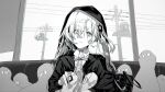  1girl absurdres collared_shirt commentary digital_media_player expressionless greyscale hair_between_eyes hair_ornament highres hood hood_up hoodie isekai_joucho isekai_joucho_(artist) kamitsubaki_studio knees_up lag_train_(vocaloid) long_hair looking_at_viewer monochrome multicolored_hair neck_ribbon parted_lips power_lines ribbon seat shirt sitting train_interior transformer two-tone_hair utility_pole virtual_youtuber 