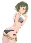  1girl :p ass back bangs bikini black_bikini blush bra bracelet clothes_pull commentary_request eyebrows_visible_through_hair finger_to_eye frown green_eyes green_hair hair_ornament hairclip highres idolmaster idolmaster_shiny_colors jewelry kani_biimu looking_at_viewer nanakusa_nichika panties see-through short_hair shorts shorts_pull solo standing striped striped_bra striped_panties swimsuit tongue tongue_out underwear undressing 