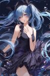  1girl :o air_bubble bangs bare_arms bare_shoulders black_dress black_ribbon blue_eyes blue_hair bubble collarbone commentary cowboy_shot dress hair_ribbon hand_on_own_chest hatsune_miku highres kim_eb long_hair looking_at_viewer open_mouth ribbon shinkai_shoujo_(vocaloid) sleeveless sleeveless_dress solo swept_bangs twintails underwater very_long_hair vocaloid 