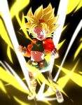  1girl asymmetrical_legwear aura belt blonde_hair blue_eyes boots clenched_hands crop_top dragon_ball dragon_ball_heroes fanny_pack fingerless_gloves flat_chest gloves green_shorts hairband jacket midriff open_clothes open_jacket open_mouth orange_hairband pan_(dragon_ball) pan_(xeno)_(dragon_ball) red_jacket rom_(20) shorts solo spiked_hair super_saiyan super_saiyan_1 