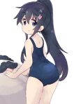  1girl aosora_neko ass black_hair blue_eyes blue_swimsuit flower from_behind hair_flower hair_ornament hairclip higero_(wataten) highres long_hair looking_back one-piece_swimsuit ponytail school_swimsuit shirosaki_hana simple_background smile solo swimsuit thighs watashi_ni_tenshi_ga_maiorita! white_background 