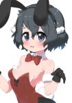  1girl alternate_costume animal_ears bare_shoulders black_gloves black_hair black_legwear blue_eyes blush bow bowtie bunny_day collar commentary_request cowboy_shot detached_collar eyebrows_visible_through_hair fake_animal_ears gloves kaban_(kemono_friends) kemono_friends leotard no_headwear pantyhose playboy_bunny rabbit_ears ransusan red_leotard red_neckwear shiny shiny_clothes short_hair sleeveless solo strapless strapless_leotard white_collar 