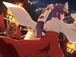  1girl bangs blunt_bangs blurry blurry_background closed_mouth commentary dutch_angle embers eyebrows_visible_through_hair fire flame flower from_behind furude_rika hair_flower hair_ornament hair_tubes hakama highres higurashi_no_naku_koro_ni hoe holding japanese_clothes kanzashi kimono long_hair long_sleeves mashita_(candy_apricot) miko night night_sky outdoors plant ponytail purple_eyes purple_hair red_hakama shide sideways_glance sky solo standing white_flower white_kimono wide_sleeves 