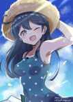  1girl ahoge black_hair blue_sky brown_eyes casual_one-piece_swimsuit cloud commentary_request dated hat highres johssnny kantai_collection long_hair one-piece_swimsuit one_eye_closed polka_dot polka_dot_swimsuit sky solo straw_hat sun_hat swimsuit twitter_username upper_body ushio_(kancolle) 