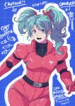  1girl bangs blue_hair butcherboy char&#039;s_counterattack english_text fangs flat_chest gloves grid gundam hair_behind_ear looking_at_viewer open_mouth pilot_suit purple_eyes quess_paraya red_gloves smile solo twintails uneven_twintails 