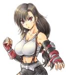  1girl amania_orz black_hair black_skirt breasts cleavage crop_top elbow_gloves final_fantasy final_fantasy_vii fingerless_gloves gloves jewelry long_hair looking_at_viewer low-tied_long_hair midriff open_mouth red_eyes simple_background skirt solo suspender_skirt suspenders tank_top tifa_lockhart white_background 