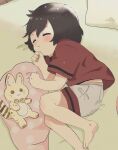 1girl barefoot beige_shorts black_hair blush character_doll child commentary_request curled_up eyebrows_visible_through_hair kaban_(kemono_friends) kemono_friends no_legwear on_bed red_shirt serval_(kemono_friends) shirt short_hair short_sleeves sleeping solo stuffed_animal stuffed_toy t-shirt yodaka_miy younger 