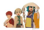  1boy 2girls :d ^_^ asaya_minoru bangs bead_necklace beads black_hair brown_cloak brown_eyes brown_hair brown_headwear cloak closed_eyes closed_mouth cropped_torso emiya_shirou eyebrows_visible_through_hair facing_viewer fate/grand_order fate_(series) gareth_(fate) green_eyes green_shirt hair_between_eyes hand_on_headwear hand_up hood hood_down hooded_cloak igote japanese_clothes jewelry kimono light_brown_hair long_hair looking_at_viewer multicolored_hair multiple_girls necklace open_mouth profile senji_muramasa_(fate) shirt simple_background smile twitter_username two-tone_hair upper_body white_background white_kimono xuangzang_sanzang_(fate) 