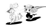  2girls :/ bat_wings black_dress black_legwear bow chibi clenched_hand collared_shirt crescent crescent_hat_ornament dress dress_shirt full_body greyscale hat hat_bow hat_ornament head_wings in_the_face koakuma long_sleeves mob_cap monochrome motion_blur motion_lines multiple_girls no_nose o3o pantyhose patchouli_knowledge punching shadow shirt sidelocks simple_background standing standing_on_one_leg striped touhou unnyo8739 v-shaped_eyebrows vertical-striped_dress vertical_stripes white_background white_shirt wide_sleeves wings 