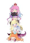  5girls :3 :o absurdres amane_kanata angry animal_ears bibi_(tokoyami_towa) blonde_hair blue_hair blush candy_hair_ornament chibi closed_eyes commentary_request crossed_arms crown dragon_girl dragon_horns dragon_tail eyebrows_visible_through_hair fang food-themed_hair_ornament gradient_hair green_eyes grey_jacket hair_ornament hair_rings hairclip halo hands_on_another&#039;s_head heterochromia highres himemori_luna hololive horns jacket kiryu_coco light_blue_hair long_hair long_sleeves lying lying_on_person multicolored_hair multiple_girls neru_(flareuptf1) on_stomach open_mouth orange_hair pink_hair pointy_ears purple_eyes purple_hair sheep_ears sheep_girl sheep_horns shirt silver_hair simple_background skin_fang star_halo streaked_hair tail tokoyami_towa tsunomaki_watame twintails very_long_hair virtual_youtuber white_background white_shirt 