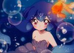  1980s_(style) 1girl bangs bao_(vtuber) blue_hair blush breasts bubble cleavage dress english_commentary eyebrows_visible_through_hair fish glowing goldfish grey_dress indie_virtual_youtuber long_hair red_hair retro_artstyle small_breasts solo sparkle underwater upper_body virtual_youtuber ywuria 