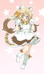  1girl :3 alternate_costume animal_ears animal_print bell blonde_hair blush boots bow brown_dress brown_hair cat_ears cat_girl cat_print cat_tail commentary_request dress eyebrows_visible_through_hair fang footwear_bow frilled_dress frilled_sleeves frills geoffroy&#039;s_cat_(kemono_friends) hair_bell hair_bow hair_ornament highres kemono_friends knee_boots long_hair looking_at_viewer mitsumoto_jouji mittens multicolored_hair neck_bell open_mouth orange_bow paw_pose puffy_short_sleeves puffy_sleeves short_sleeves solo tail twintails white_dress white_footwear white_mittens yellow_eyes 