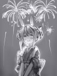  1girl :d aerial_fireworks animal_ears blush don-chan_(usada_pekora) double_bun fireworks greyscale highres hololive japanese_clothes kimono looking_at_viewer monochrome nanashi_(nlo) obi open_mouth rabbit_ears sash short_sleeves smile solo summer_festival thick_eyebrows usada_pekora virtual_youtuber 