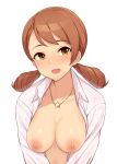  1girl bangs blush breasts breasts_outside brown_eyes brown_hair collarbone drill_hair eyebrows_visible_through_hair head_tilt houjou_karen idolmaster idolmaster_cinderella_girls jewelry long_hair long_sleeves looking_at_viewer naked_shirt necklace nipples open_mouth shirt simple_background smile solo star_(symbol) star_necklace tomajiyama white_background white_shirt 