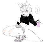  1girl ? animal_ears black_shirt blush bow casual crop_top cup expressionless fox_ears fox_tail full_body hair_bow highres holding holding_cup holding_phone hololive kakult2017 long_sleeves looking_to_the_side midriff navel omaru_polka phone shirt shoes shorts sneakers solo speech_bubble spot_color squatting tail thighs unbuttoned_shorts virtual_youtuber 