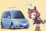  1girl animal_ears ankle_boots boots bow brown_eyes brown_footwear brown_hair car chibi commentary commission dress ear_bow ear_covers green_bow ground_vehicle highres horse_ears horse_girl horse_tail long_sleeves motor_vehicle nice_nature_(umamusume) sakusan_(ss-awesome) skeb_commission tail toyota translated twintails umamusume 