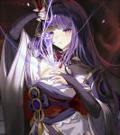  1girl armor bangs breasts bridal_gauntlets cleavage closed_mouth commentary electricity english_commentary genshin_impact hair_ornament holding holding_sword holding_weapon japanese_clothes kimono large_breasts light_particles long_hair long_sleeves looking_at_viewer mole mole_under_eye purple_eyes purple_hair purple_nails raiden_(genshin_impact) ribbon sash shoulder_armor silence_girl solo sword tassel weapon wide_sleeves work_in_progress 