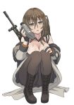  1girl :o assault_rifle bangs black_footwear boots breasts brown_eyes brown_hair canister cleavage daewoo_k2 fingerless_gloves full_body girls&#039;_frontline gloves gun hair_between_eyes hair_ornament hairpin jacket k2_(girls&#039;_frontline) long_hair long_sleeves open_mouth pantyhose rifle simple_background solo squatting sweat tab_(tabkun) weapon white_background white_jacket 
