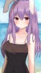  1girl :&lt; absurdres alternate_costume animal_ears aohane bangs bare_shoulders beach black_swimsuit blush breasts closed_mouth cloud collarbone commentary_request day eyebrows_visible_through_hair hair_between_eyes highres horizon huge_filesize long_hair looking_at_viewer medium_breasts one-piece_swimsuit outdoors purple_eyes purple_hair rabbit_ears reisen_udongein_inaba revision solo sweat swimsuit touhou upper_body water 