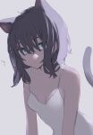  1girl animal_ears blue_eyes breasts cat_ears cat_tail cleavage closed_mouth dot_nose dress highres leaning_forward looking_at_viewer medium_hair migihidari_(puwako) original purple_hair simple_background small_breasts solo sundress tail tail_raised upper_body white_background white_dress 