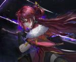  1girl bangs beidou_(genshin_impact) bitter-nai black_gloves blood breasts cape capelet commentary_request earrings fighting_stance fur_trim genshin_impact gloves glowing glowing_eyes greatsword hair_ornament hair_stick holding holding_sword holding_weapon jewelry long_hair pelvic_curtain red_capelet red_eyes red_hair solo sword thighhighs weapon 