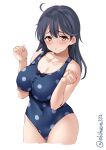 1girl :o ahoge black_hair blue_swimsuit blush breast_squeeze breasts brown_eyes casual_one-piece_swimsuit cleavage collarbone covered_navel cowboy_shot ebifurya eyebrows_visible_through_hair hair_between_eyes highres kantai_collection large_breasts lips long_hair looking_at_viewer official_alternate_costume one-piece_swimsuit polka_dot polka_dot_swimsuit simple_background solo swimsuit twitter_username ushio_(kancolle) white_background 