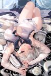  1girl absurdres armpits azur_lane bangs bare_shoulders blush breasts cleavage formidable_(azur_lane) formidable_(timeless_classics)_(azur_lane) grey_hair highres large_breasts long_hair looking_at_viewer lying meion official_alternate_costume on_back red_eyes solo thighs twintails very_long_hair 