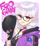  1girl bangs baseball_cap black_camisole black_headwear blush breasts camisole choker cleavage collarbone fate/grand_order fate_(series) glasses hair_ribbon hat hat_removed headwear_removed heroic_spirit_tour_outfit hood hooded_jacket jacket kama_(fate) large_breasts long_hair looking_at_viewer low_twintails open_mouth purple_jacket red_eyes redrop ribbon silver_hair smile solo twintails 