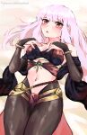  1girl absurdres alternate_breast_size alternate_costume bandeau bangs black_gloves black_legwear blush breasts bridal_gauntlets cleavage commentary cosplay cowboy_shot dancer dorothea_arnault dorothea_arnault_(cosplay) elbow_gloves english_commentary fire_emblem fire_emblem:_three_houses fire_emblem_heroes gloves hands_up highres long_hair looking_at_viewer lysithea_von_ordelia medium_breasts navel paiiart pantyhose parted_lips pink_eyes pink_hair shawl solo stomach thighs 