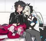  1boy 2girls bare_shoulders black_bow black_dress black_hair black_shirt bow braid breasts center_opening circlet closed_eyes clothing_cutout couch detached_collar detached_sleeves dress earrings fairy_knight_tristan_(fate) fate/grand_order fate_(series) french_braid fujimaru_ritsuka_(male) girl_sandwich hand_on_another&#039;s_head highres jewelry lap_pillow large_breasts leaning_on_person light_blue_eyes long_hair lying_on_lap morgan_le_fay_(fate) mother_and_daughter multiple_girls pink_hair platinum_blonde_hair polar_chaldea_uniform red_dress sandwiched sanmotogoroo shirt sidelocks sitting sleeping sleeping_on_person smile stomach_cutout two-tone_dress 