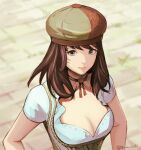  1girl bangs blue_eyes blurry blurry_background breasts brown_hair cleavage facial_mark final_fantasy final_fantasy_xiv from_above hat long_hair looking_at_viewer medium_breasts miqo&#039;te muraicchi_(momocchi) scoop_neck short_sleeves solo upper_body whisker_markings 