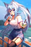  1girl animal_ears beach black_legwear blue_hair blush bra_through_clothes breasts bubble collarbone cowboy_shot denim denim_shorts drink drinking drinking_straw_in_mouth eyebrows_visible_through_hair fox_ears fox_tail garter_straps giving hair_between_eyes highres leaning_on_rail long_hair looking_at_viewer medium_breasts ocean original purple_eyes railing shirt shirt_tucked_in short_shorts shorts sidelocks signature skindentation sky t-shirt tail tented_shirt thighhighs thighs very_long_hair water white_shirt yokura_(yukilina) 