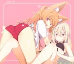  2girls :d absurdres all_fours animal_ear_fluff animal_ears ass bikini black_bikini blush colored_eyelashes commission dated dungeon_and_fighter expressionless fang fox_ears from_behind hair_between_eyes highres kaiser_(myeonggihusband) long_hair looking_at_viewer looking_back luke_(dydansgur) lying multiple_girls open_mouth orange_hair original pink_background platinum_blonde_hair red_eyes simple_background skin_fang smile sweatdrop swimsuit 