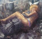  1girl apocalypse bangs barefoot bikini blonde_hair bow building city commentary english_commentary footprints from_above full_body giant giantess hair_bow hair_ornament hairclip kagamine_rin lying mixed-language_commentary muscular muscular_female object_hug on_side open_mouth rainbow_bikini ruins short_hair skyscraper smile solo striped striped_bikini sweat swept_bangs swimsuit vocaloid white_bow yilx 